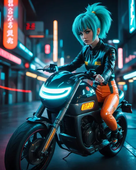 (masterpiece), , (extremely detailed),  (cinematic lighting),(silicone skin texture), (hyperrealistic), (photography), (long exposuse foto), (high speed)
alluring  Bulma, bobcut hair, bob cut hair,  cyberpunk capsule corp outfit, Capsule Corp ridding a mot...