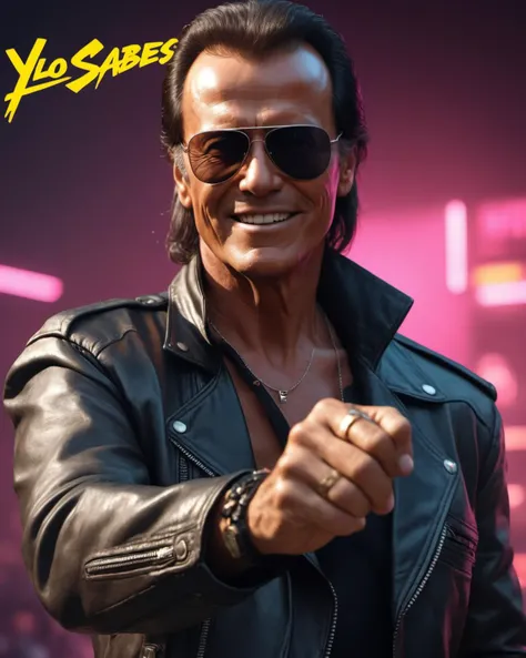 (masterpiece), , (extremely detailed),  (cinematic lighting),(realistic skin texture), (hyperrealistic), (photography),
 [Cyberpunk 2077: CyberJulio:0.5] game cover with the (text "Y LO SABES":2)
Julio Iglesias 1990s style, wearing sunglases and smiling, l...