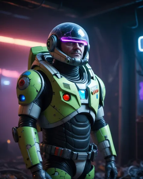 (masterpiece), , (extremely detailed),  (cinematic lighting),(silicone skin texture), (hyperrealistic), (photography),
Cyberpunk Buzz Lightyear, decadent and dystopian atmosphere, neon lights, fog, Dirty, cracked, torn spacesuit with visible cables