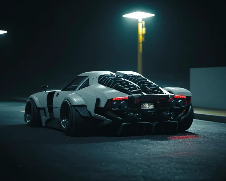 a white sports car parked in a parking lot at night