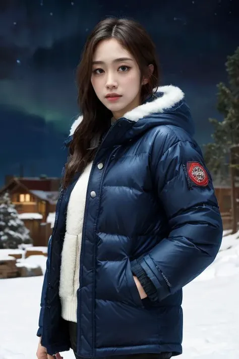 masterpiece, best quality, ultra-detailed, ultra high res, (photorealistic:1.4), raw photo, (realistic:0.2), CG, {4k|8k} HDR, perfect lighting, 1girl, solo, looking at viewer, (winter clothes, padded jacket), outdoor, (snow, snowflakes), night, aurora sky,...