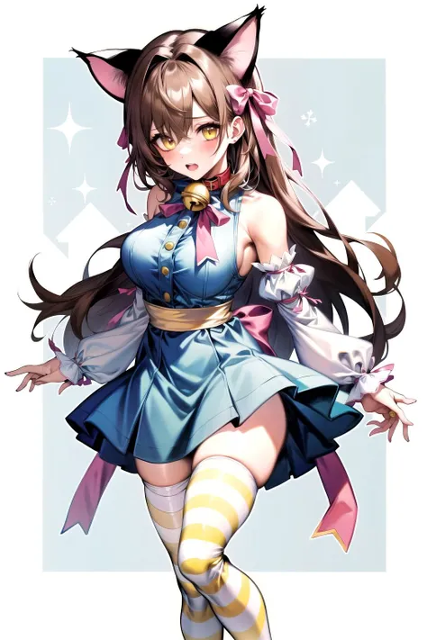 absurdres, best quality, 1girl, solo, <lyco:GoodHands-beta2:0.7>, yellow eyes, brown hair, long hair, large breasts,  <lora:ahCat:1>, ahCat, blue theme, cat ears, blue dress, sleeveless dress, pink ribbon, large ribbon, striped thighhighs, detached sleeves...