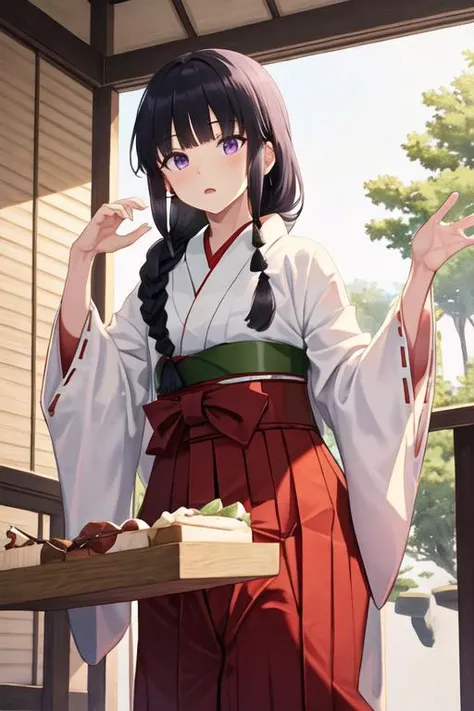 best quality, masterpiece, highres, solo, {white kimono:1.35}, {red hakama:1.35}, {wide sleeves:1.20}, {kitakami_kantaicollection:1.15}, long_hair, black_hair, braid, bangs, single_braid, blunt_bangs, sidelocks, serafuku, purple_eyes