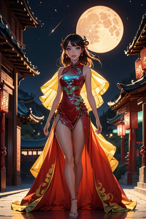 a woman in a red and gold dress standing in front of a full moon