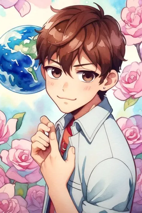 masterpiece, best quality, wallpaper, 1boy, solo, male focus, looking at viewer, , , (watercolor illustration, soft pastel colors:1.1), , <lora:natsuhiko_hyuuga:0.70>, natsuhiko_hyuuga, brown hair, brown eyes, vampire costume, planet,