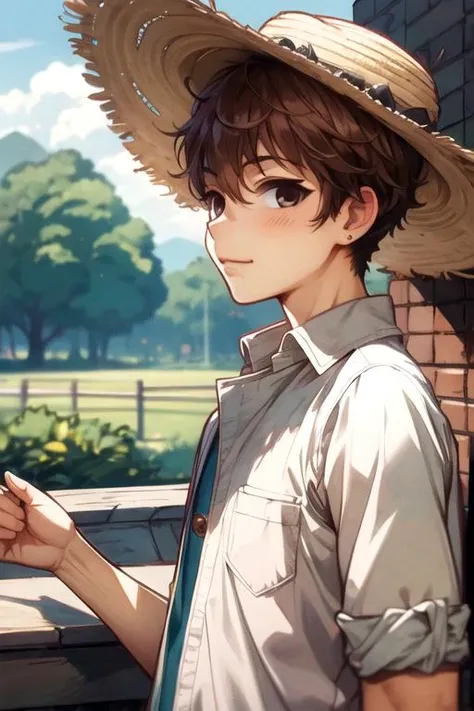 masterpiece, best quality, illustration, 1boy, solo, male focus, looking at viewer, upper body, depth of field, anime coloring, realistic, <lora:natsuhiko_hyuuga:0.72>, natsuhiko_hyuuga, brown hair, brown eyes, , panama hat, farm,