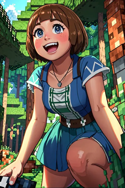 from below, mankanshoku mako, brunette, minecraft, forest in the background, laugh, happy face, (detailed eyes) (masterpiece) (best quality) (detailed) (intricate) (8k) (HDR) (cinematic lighting) (sharp focus)  <lora:mako_standard:1>