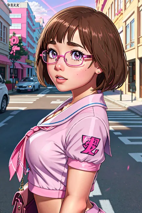 from side, mankanshoku mako, brunette, brown eyes, city streets on the backgound, barbie, pink school uniform, pink glasses, (detailed eyes) (masterpiece) (best quality) (detailed) (intricate) (8k) (HDR) (cinematic lighting) (sharp focus)  <lora:mako_stand...