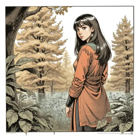 [ (art by Laurie Greasley:1.3) ,art by Allie Brosh::16], concept art, Smooth Natural Han Dynasty Aunt, wearing Mohair Maroon Kurta, Looking over the shoulder