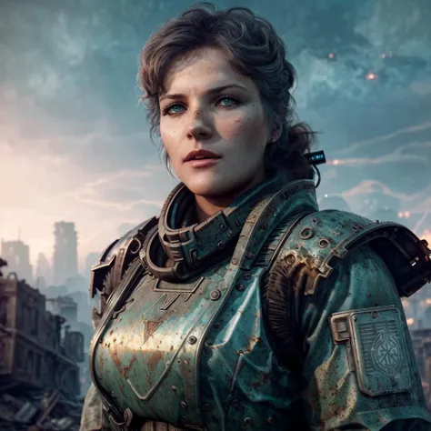 a woman in a green and brown armor standing in front of a city