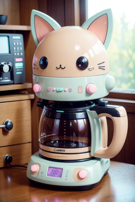 Photo of a pastel-colored heavy (Kawaiitech:1.4) coffee maker on a wooden table. big window at background.
blurry, cat face, cute.
<lora:KawaiiTech:0.8>