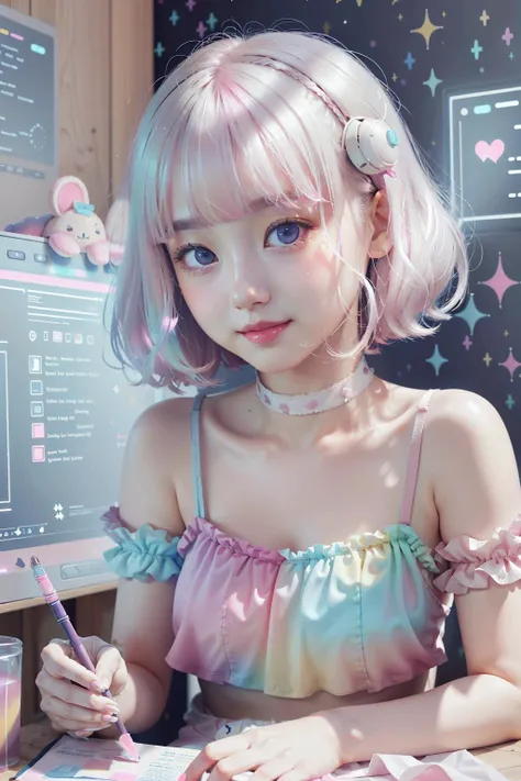 <lora:KawaiiTech-20:1>, kawaiitech,pastel color, kawaii, cute colors ,scifi, pink, scholar , scroll, 1girl ,long hair, pale skin,white hair, glowing eyes, smile ,closed mouth,bob cut,