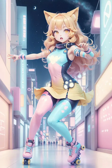 kawaiitech,pastel color, kawaii, cute colors ,scifi, 1girl, solo, tall fit girl, long legs, (action pose:1.2), ginger long wavy hair, wolf ears, orange eyes,  short dress, leggins, full body portrait, roller skating, street, (perfect fingers)