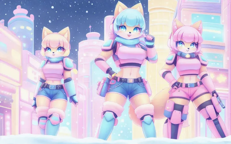 all female Anthro fox swat team in a snowy European city street in skimpy armor, multiple girls, digital drawing, detailed, detailed face, shorts, midriff, thighs, 
kawaiitech, pastel colors, kawaii, cute colors, <lora:KawaiiTech:1>,