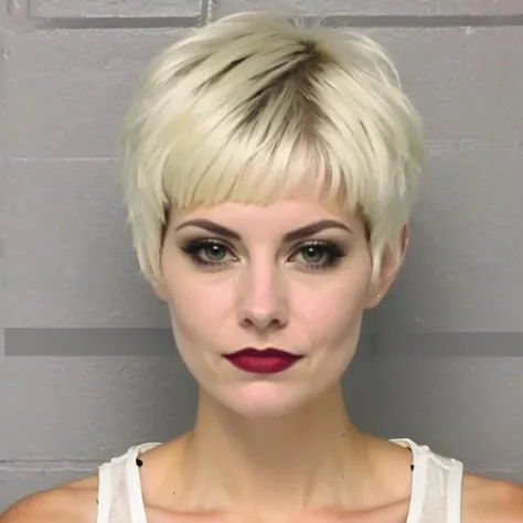 mugshot, pale vampire woman with pixie cut blond platinum hair, arrested for lewd acts, low quality