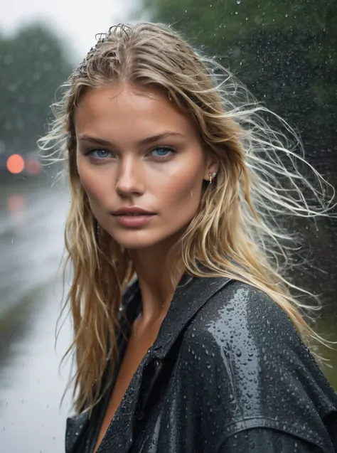 beautiful supermodel from denmark, no makeup, piercing eyes, rain,