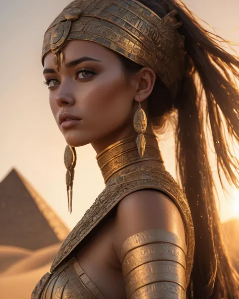 highly detailed, 4k, cinematic photo of a desert warrior princess, her eyes reflecting the endless dunes and her attire adorned with golden scarabs and intricate hieroglyphs. She stands defiant against a backdrop of pyramids and a setting sun, beautiful, c...