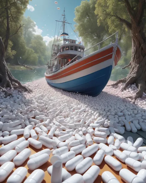 highly detailed, 4k, NSFW, auw, ass up wait feet, boat,, (psychedelic style),  highly detailed,  (((full body)))concept art, pills explosion, trees ((made of white pills)), veins, lighning, wide shot. epic realism, master quality, highly detailed, intricat...