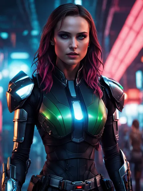 cinematic photo , ( Natalie Portman as    cyberpunk  Gamora)  with rusty and damage  cybernetic arm,   cyberpunk style,  dynamic posture , a group of humans traveling through wormholes to new galaxies,   (ai artwork by Quiron:0.1),  neon light,  night,  su...