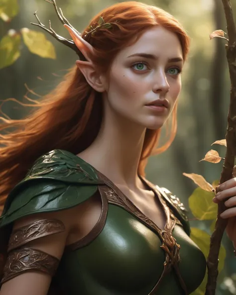 highly detailed, 4k, Wood Elf Ranger, (Female:1.5), Graceful and Lithe (Athletic Build:1.5), Emerald Eyes (Vibrant:1.5), Auburn Hair (Flowing:1.5), Coppery Silk, Leaf-Shaped Ornaments, Delicately Pointed Nose, Soft Rose Lips, Freckles (Subtle:1.25), Leathe...