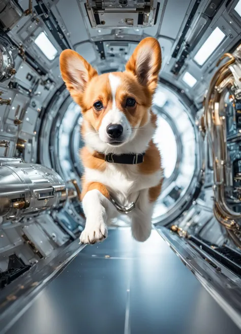 a detailed, award winning landscape photograph, a cinematic still, perfectly composed,  the very cutest {corgi|golden retriever|husky|bulldog|australian shepherd|great dane} puppy that ever existed floating in a space station corridor, weightless, zero gra...