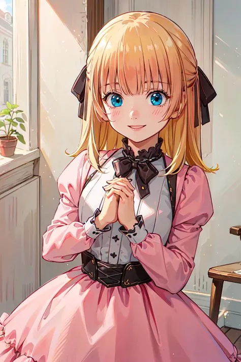 smile, (own hands together:1.3), hands up, <lora:lysia_plaid:1> 1girl, hair ribbon, pink dress, long sleeves, bow frills,, ultra detailed, masterpiece, best quality, aesthetic, detailed,