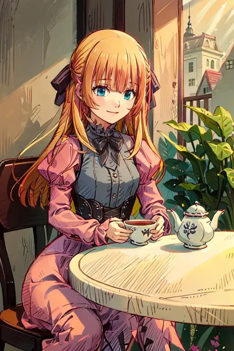 smile, <lora:lysia_plaid:1> 1girl, hair ribbon, pink dress, long sleeves, bow frills, sitting, holding cup, tea, teapot, table, white table,   <lora:KnightsInTheNightmareV175:1> kitn,, ultra detailed, masterpiece, best quality, aesthetic, detailed,