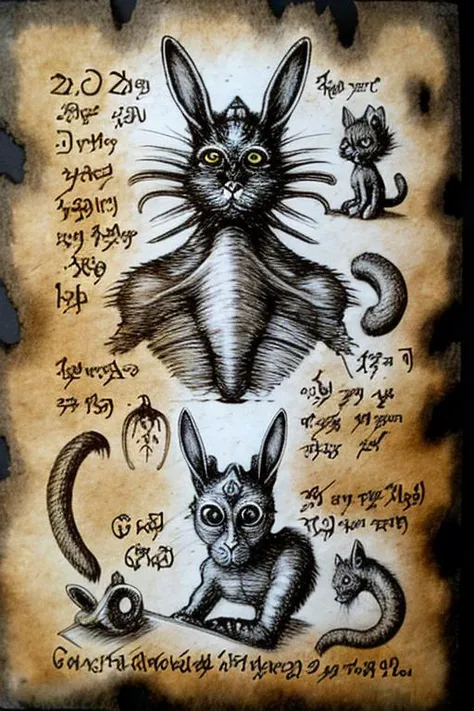 (Necronomicon Sketch:1.1),rabbit, cat,dog,monkey, by atbgams,<lora:Necronomicon-10:0.9>