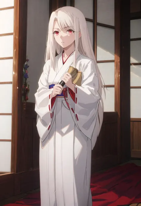 best quality, masterpiece, highres, solo, {illyasviel_von_einzbern_fatestaynightufotable:0.90}, {white kimono:1.35}, {red hakama:1.35}, {wide sleeves:1.20}