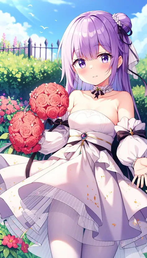 Blush, Print, White dress, masterpiece, best quality, Purple hair, Ribbon, Small chest, (garden:1.0), (birds:1.0), Layered, <lyco:iselestia_pure_vows:1.0>, iselestia_pure_vows, White hair ribbon