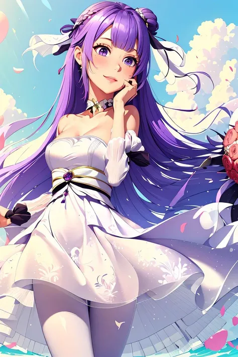 (masterpiece, best quality), 1girl, <lora:a-dream-of-pure-vows-unicorn:1> Print, White dress, Purple hair, long hair, Ribbon , Layered, iselestia_pure_vows,