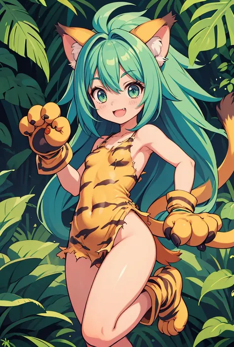 (masterpiece, best quality), 1girl,   <lora:chamcham:0.8> animal ears,gloves,animal hands,tiger print,animal print,tail,green hair,1girl,paw gloves,long hair,cat ears,green eyes,solo,paw shoes,shoes,fang,blush,looking at viewer,small breasts,smile,tiger ea...