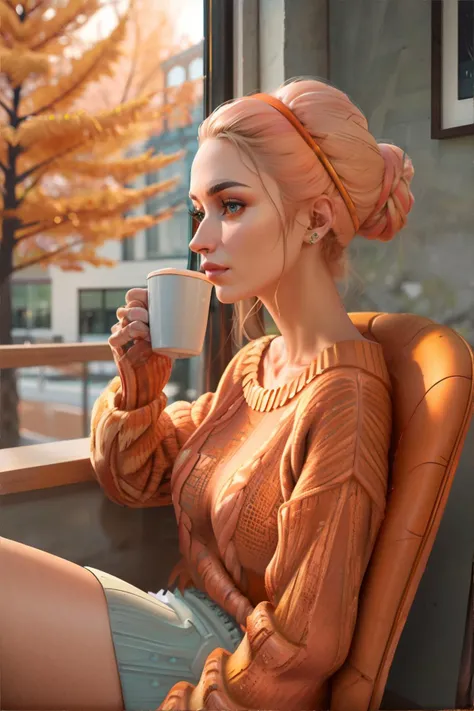 <lora:kawaiipastel:0.6>, kawaii, pastel colors, woman sitting in cozy chair, wearing orange oversized sweater, drinking coffee, autumn, sideview || masterpiece, perfect quality, sharp focus, shallow depth of field, 8k