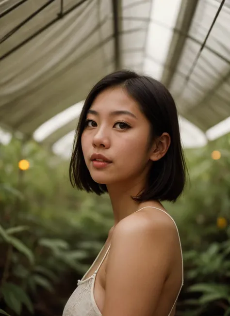 portrait of stunning taiwanese girl, wearing spaghetti strap tank, in the myconid haven with luminous fungal canopies, film stoc...