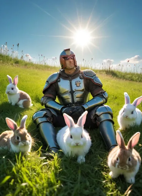 jdgdrdd, low angle image of a man in armor sitting in the grass, surrounded by cute bunnies, grass in the foreground, sunny day, vibrant colors in the sky, sunshine, god rays,
<lora:Judge_Dredd_-_2012_SDXL:0.8> jdgdrdd