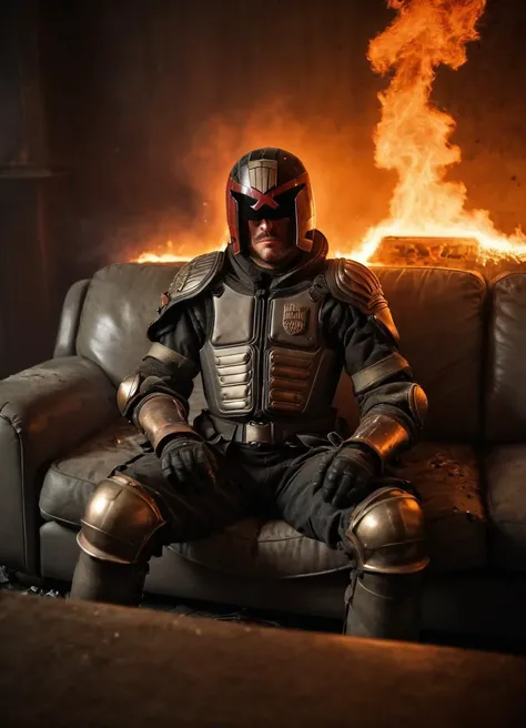 jdgdrdd, action shot of a man in armor sitting on a couch in a burning room, relaxed, smoke, flames, sparks, lights, action, dramatic light, helmet, furniture, burning furniture,
<lora:Judge_Dredd_-_2012_SDXL:0.8>