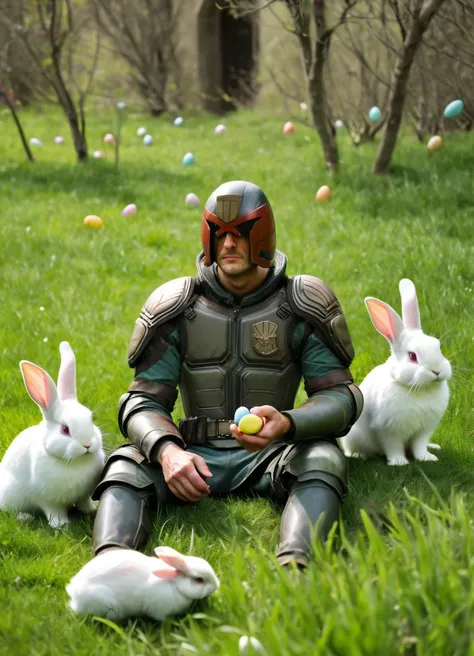 jdgdrdd, man in armor sitting in the grass, surrounded by cute bunnies, easter eggs in the grass,
<lora:Judge_Dredd_-_2012_SDXL:0.8> jdgdrdd, score_9, score_8_up, score_7_up,