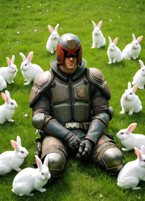 jdgdrdd, man in armor sitting in the grass, surrounded by cute bunnies, easter eggs in the grass,
<lora:Judge_Dredd_-_2012_SDXL:0.8> jdgdrdd, score_9, score_8_up, score_7_up,