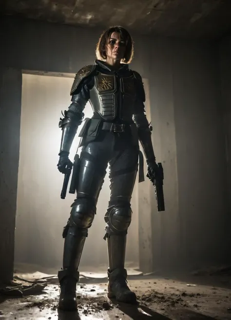 jdgdrdd, low angle image of a woman in armor standing in a dark and dirty room, strong backlight, wide stance, hero pose, grim and gritty, camera tilted up, gun in hand,
<lora:Judge_Dredd_-_2012_SDXL:0.8> jdgdrdd