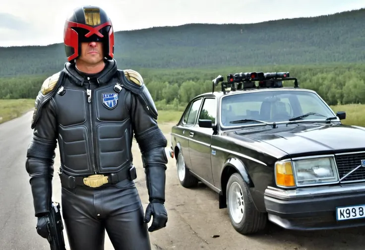 <lora:Judge_Dredd_-_2012_SDXL:0.9>, realistic picture of jdgdrdd, helmet, leather, jacket armor, gun, standing next to a volvo240 car, automobile, (masterpiece:1.0), (best quality:1.0), ultra detailed, side view, wide,  <lora:volvo240:0.75>