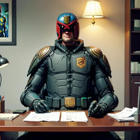 Dredd scowling at his latest electricity bill, jdgdrdd, office, arm chair, bill, lamp, home office,