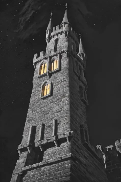 <lora:NigelParry_P4RRY:0.7> P4RRY, a stone castle tower at night, dark clouds, looking up, foreshortened, lighted window