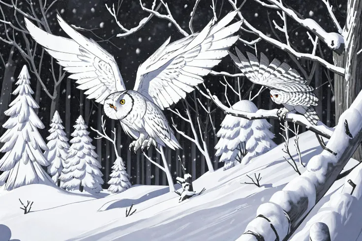 monochrome <lora:NigelParry_P4RRY:0.7> P4RRY, an owl flying over a snowy landscape, wings spread, trees, snow, winter scene