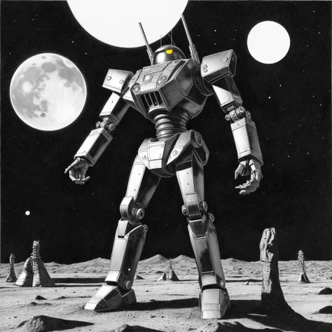 monochrome,  <lora:NigelParry_P4RRY:0.65> P4RRY, a giant shiny metallic robot standing on a barren planet