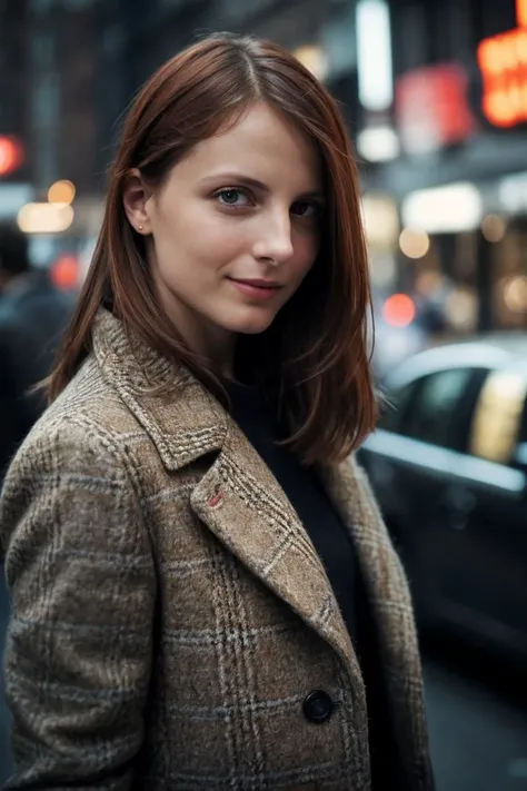 photo of Alyss4Fl4m3s_HM-140, a woman, perfect hair, (modern photo), wearing tweed coat, blouse, khaki pants, 70mm short telephoto (analog, cinematic, film grain:1.3), AR City, Augmented reality city with interactive holograms, virtual storefronts, and imm...