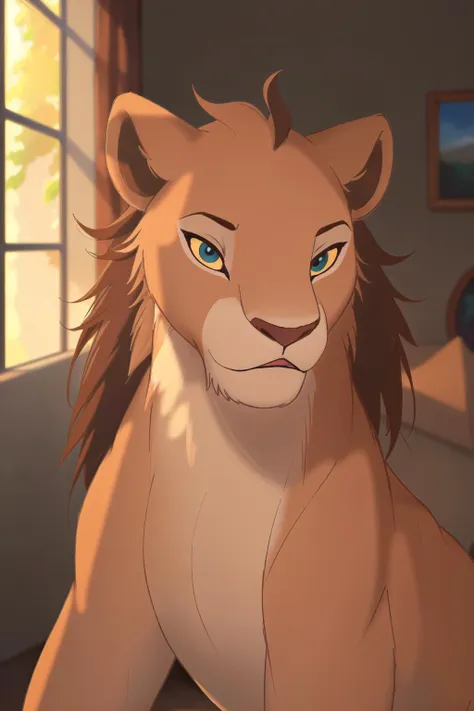 a close up of a cartoon lion sitting in a room