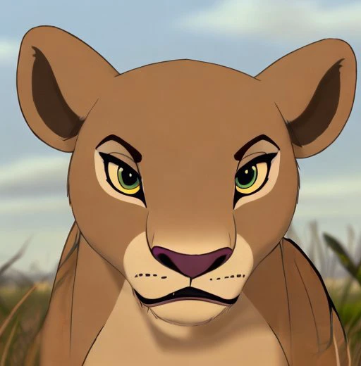 disney cartoon still frame. <lora:nala:0.6> nala, (do_me_eyes:1), sadistic ,intimidating stare, from the front, face closeup, in a the savannah, animated, drawing