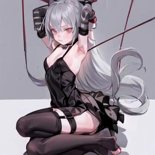 1girl, solo, long_hair, looking_at_viewer, thighhighs, bow, bound, bdsm, bondage, rope, restrained, gag, shibari, bound_arms, ball_gag, shibari_over_clothes <lora:Fkey:1>