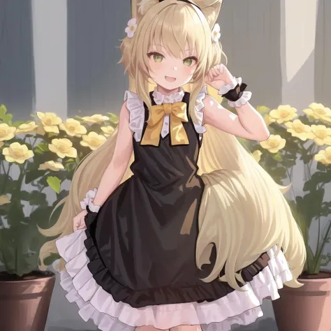 1girl, :d, animal ear fluff, animal ears, bangs, black hairband, blonde hair, blurry, blurry background, depth of field, dress, flower, flower pot, frilled dress, frills, green dress, green eyes, hairband, holding, long hair, open mouth, pink flower, plant...