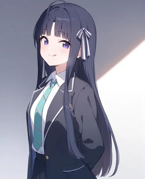 anime girl with long black hair and blue eyes in a school uniform